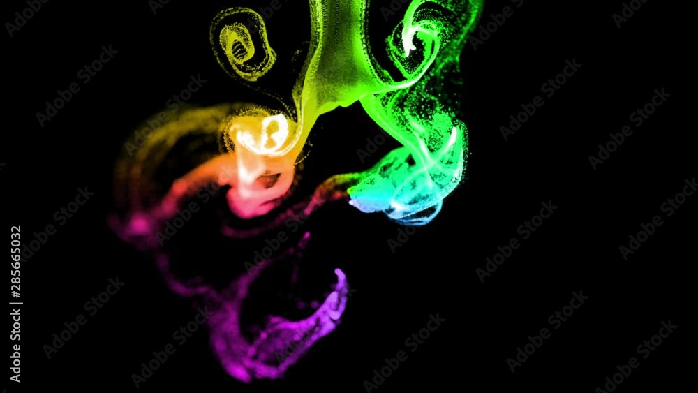 Poster 3d ink effect of advection, luminous multicolor particles float in liquid. glow particles move in a 