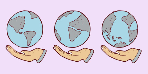 digitally drawn illustration hand and world design. hand drawing style