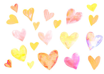 Hand drawn watercolor heart set. Pink, yellow, orange, red, green hearts collection isolated on white background. Romantic design element for wedding invitation, Valentines day card.