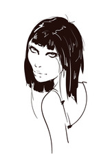 Beautiful young woman with hairstyle and expressive look. Fashion sketch. Fashion girls face. Hand-drawn fashion model. Woman face on a white background. Cosmetics.