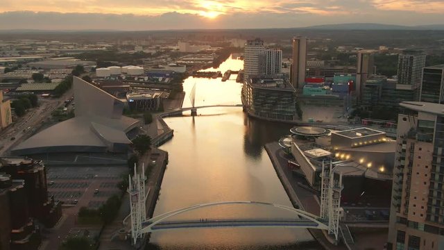 Manchester england 01/08/2019:salford quays media city uk aerial view at sunset