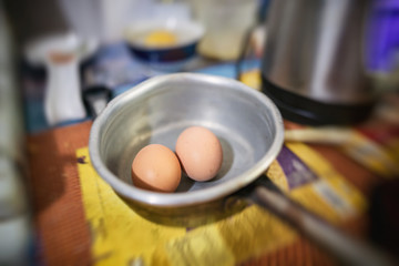 Two eggs lie in the old pogocom aluminum scoop
