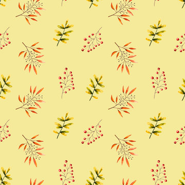 Seamless pattern with watercolor sprigs, leaves, berries, rowan. Illustration isolated. Hand drawn autumn items perfect for wallpaper, vintage design, retro style, poster, print, fabric textile