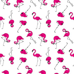 Seamless pattern with cute pink flamingos