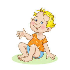 Funny little baby sitting on the floor.  In cartoon style. Isolated on white background.
