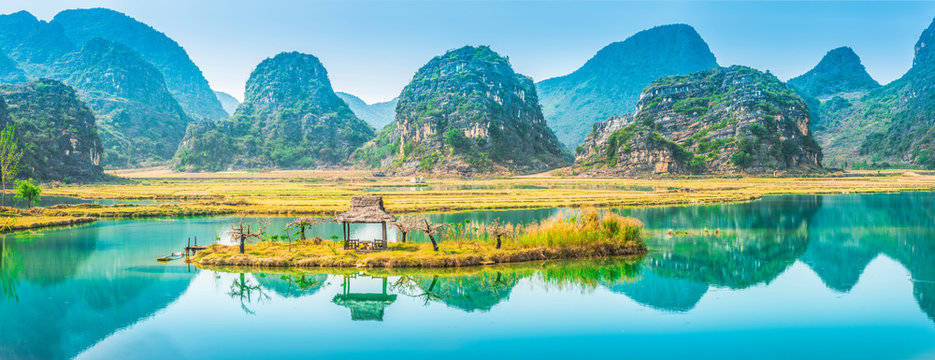 Landscape of Puzhehei. Known as Guilin of Yunnan, located in Puzhehei Scenic Resort, southeast of Kunming, Yunnan, China.
