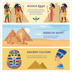 Ancient Egypt culture set of banners with history symbols vector illustrations.