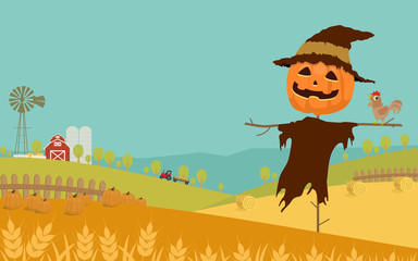 Halloween day background with wheat, harvested pumpkins, straw bale, farm field, barn and Jack-'o-lantern scarecrow. Vector illustration.
