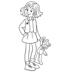 Teen girl stands with a teddy bear in her hand. In cartoon style, drawing in a black outline. Isolated on white background. For coloring book.