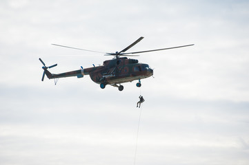 Military helicopter flying during exercise