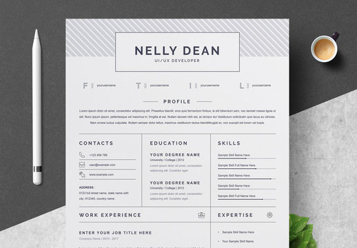 Resume and Cover Letter Layout with Gray Patterned Header Element