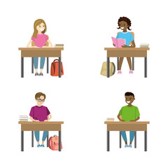 schoolgirls and schoolboys sitting in the workplace front view,education set,