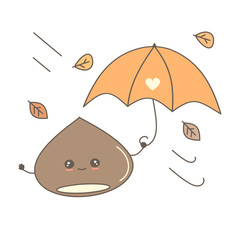 cute cartoon chestnut with umbrella in a fall autumn day funny vector illustration