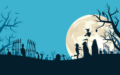 Halloween background with vampire, grim reaper, zombies and witch in graveyard and the full moon. Vector illustration.