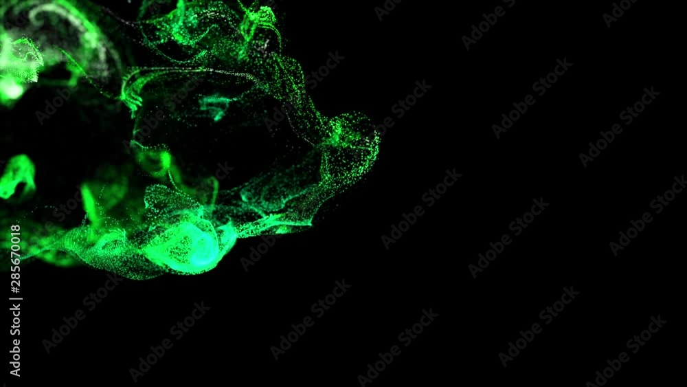 Poster 3d ink effect of advection, luminous green particles float in liquid. glow particles move in a strea