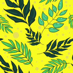 Seamless vector pattern with leaf, tropical leafs on yellow background. Good for printing. Wallpaper, fabric and textile design. Cute wrapping paper pattern.