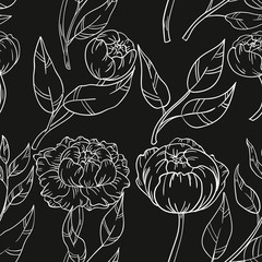 Seamless vector pattern with white contour peony on black background.Good for printing. Wallpaper, textile or fabric design. Wrapping paper pattern. Cute design. 