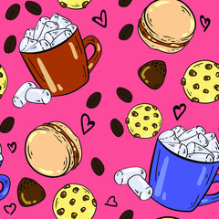 Seamless vector pattern with coffee, marshmallow, macaroon, chocolate candy and cookie on red background. Wallpaper, fabric and textile design. Wrapping paper cute pattern.