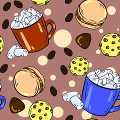 Seamless vector pattern with coffee, marshmallow, cookie, chocolate candy and macaroon on brown background.Good for printing. Wallpaper, textile or fabric design. Wrapping paper pattern. Cute design. 
