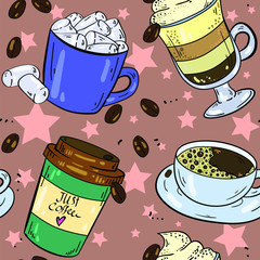 Seamless vector pattern with coffee, latte, mug, cup and marshmallow on brown background. Cute wrapping paper pattern. Wallpaper, textile and fabric design. Good for printing.