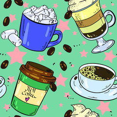 Seamless pattern with coffee, marshmallow, cup, mug, americano, espresso, latte and coffee beans on green background with stars. Good for printing. Wallpaper and fabric design. Wrapping p