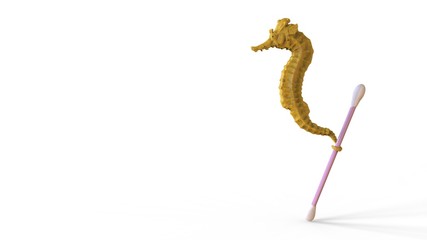 yellow Seahorse with swabs. Stop ocean plastic pollution. Composed of white plastic waste bag, bottle on white background. Plastic problem. Render sculpt 3d Side view of a Common  © Andrea