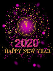 Christmas shining background New Year, 2020, round gold clock, luminous circles, tinsel, confetti, stars. 3d rendering