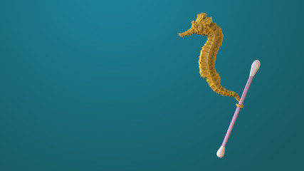 Render sculpt 3d Side view of a Common yellow Seahorse with swabs. Stop ocean plastic pollution. Composed of white plastic waste bag, bottle on blue background. Plastic problem.