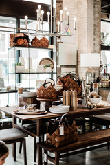 wooden table with modern home goods, unique home decoration store