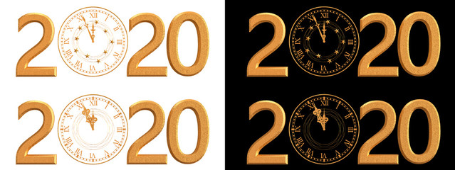 Christmas shining background New Year, 2020, round gold clock, luminous circles, tinsel, confetti, stars. 3d rendering