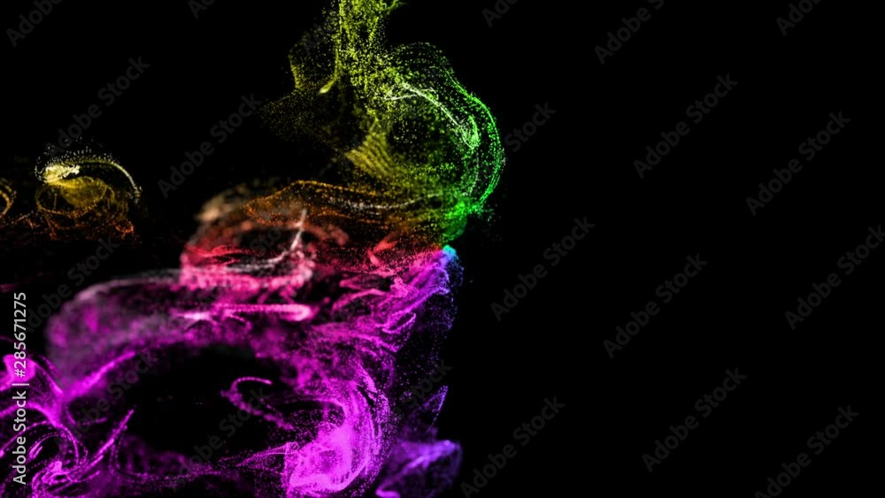 Poster 3d ink effect of advection, luminous multicolor particles float in liquid. glow particles move in a 