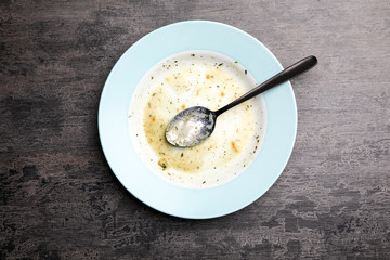 Dirty plate with food leftovers and spoon on grey background, top view