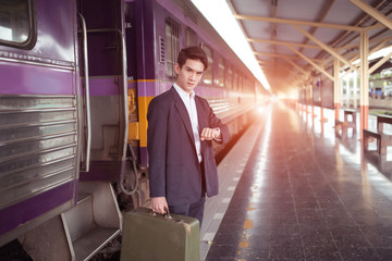 people of businessman at train station waiting and leave station