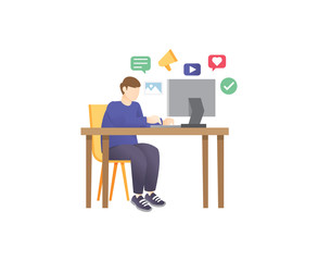 Young marketer illustration. Young guy freelancer working online sitting on the armchair in the office at the computer, laptop. Digital marketing, Influence, Remote working