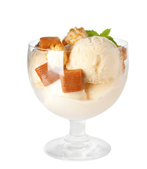 Delicious ice cream with caramel candies and popcorn in dessert bowl on white background