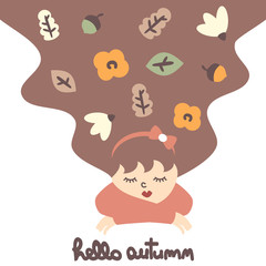 cute woman with hand drawn lettering hello autumn quote and fall life design elements concept vector illustration