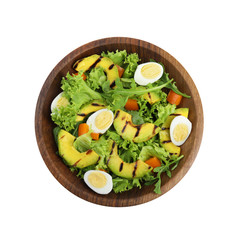 Delicious avocado salad with boiled eggs in bowl on white background, top view
