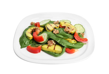 Delicious avocado salad with basil on white background