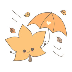 cute cartoon leaf with umbrella in a fall autumn day funny vector illustration