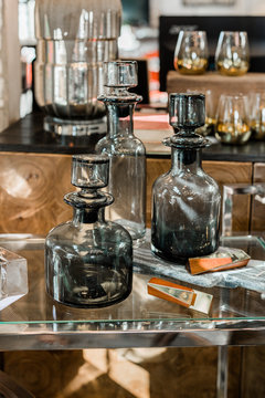 Modern Bar Cart With Dark Gray Glass Decanters 