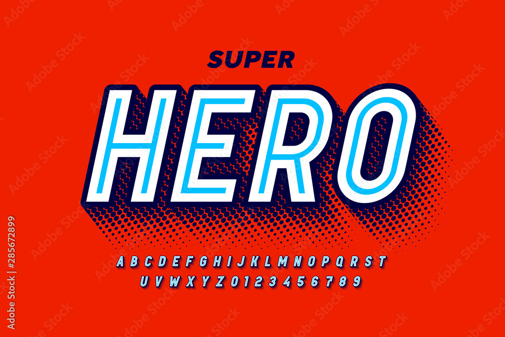 Poster comics super hero style font, alphabet letters and numbers