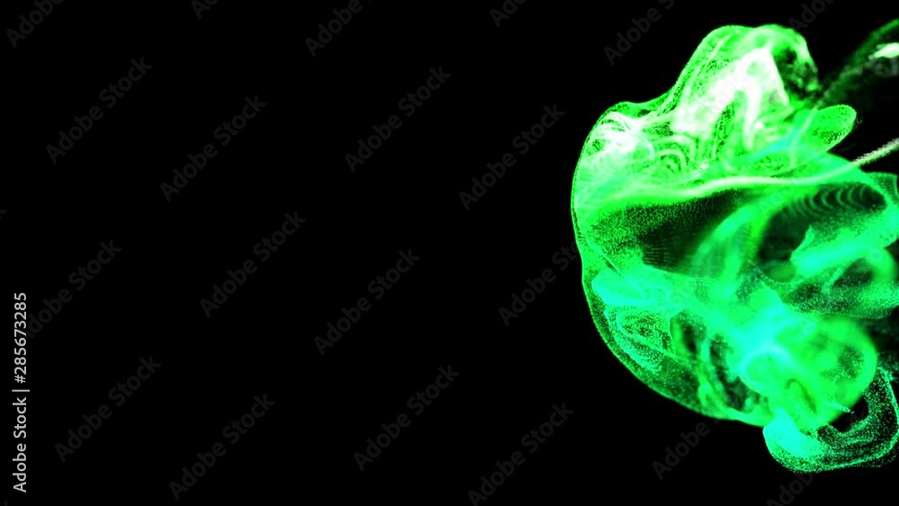 Poster 3d ink effect of advection, luminous green particles float in liquid. glow particles move in a strea