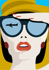 Young sexy Woman looking at an airplane in the sky. Summer holiday concept.