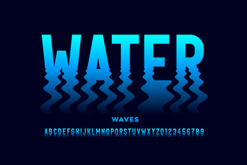 Water waves style font design, ripple effect alphabet letters and numbers