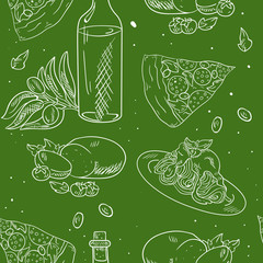 Vector seamless pattern with Italian food, mozzarella, pasta, pizza, olive oil on green background. Good for printing. Wallpaper and fabric design. Wrapping paper pattern.