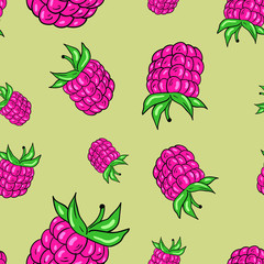 Vector seamless pattern with raspberries on brown background. Wallpaper and fabric design. Good for printing. Wrapping paper pattern.