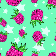 Vector seamless pattern with stars and raspberries on green background. Wallpaper and fabric design. Good for printing. Wrapping paper pattern.