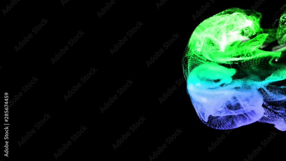 Poster 3d ink effect of advection, luminous multicolor particles float in liquid. glow particles move in a 