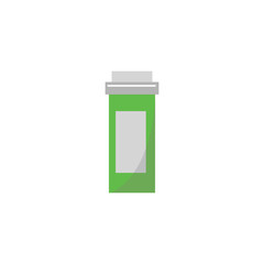 Green pill bottle in cartoon flat style, small rectangle medicine container with blank label template