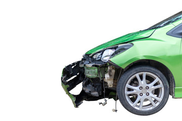 Front of green color car damaged and broken by accident isolate on white background. Save with...